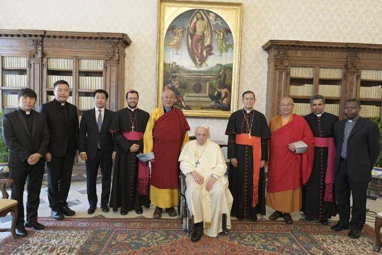 Pope Francis meets with Catholic priests and Buddhist monks from Mongolia in the Vatican on May 28