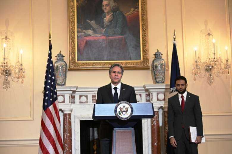 US Secretary of State Antony Blinken speaks about the 2021 International Religious Freedom Report in the Franklin Room of the State Department in Washington, DC, on June 2