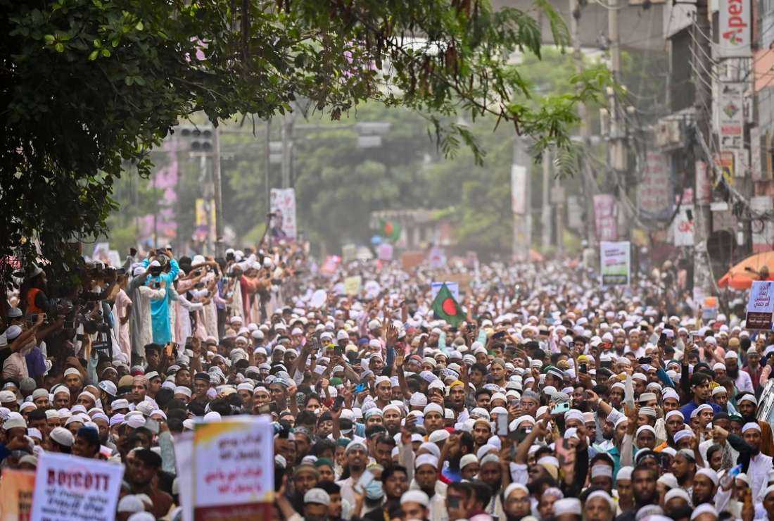 Islamist activists shout anti-India slogans during a demonstration in Dhaka on June 10 to protest against Indian politician Nupur Sharma after she made incendiary remarks about the Prophet Muhammad