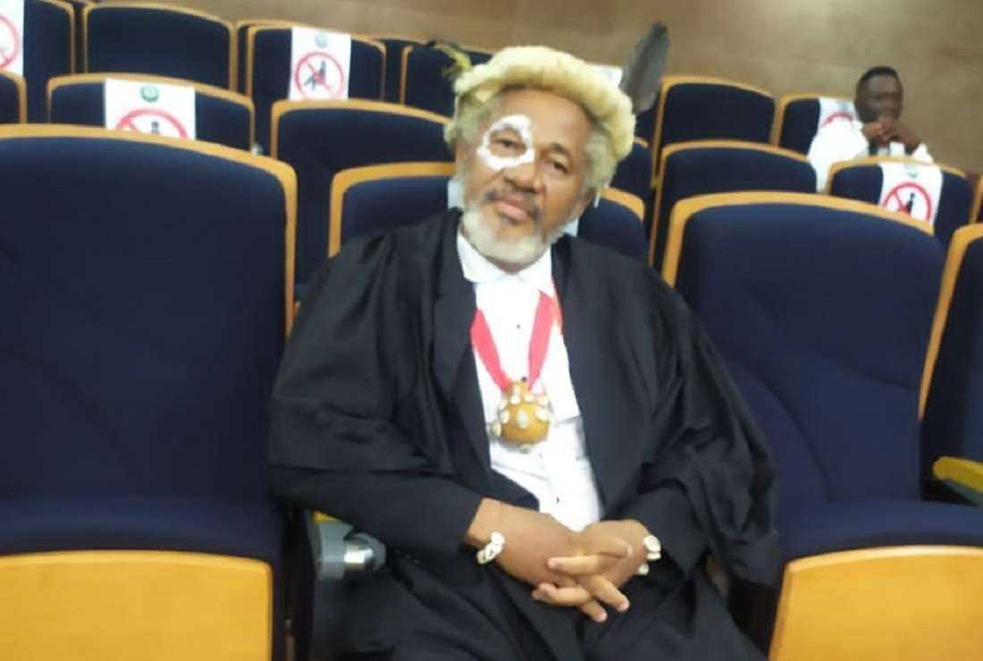 Chief Malcolm E. Omirhobo appeared at the Supreme Court in Abuja wearing traditional apparel on June 23