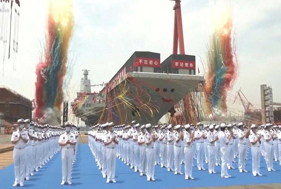 This screen grab from a video released by Chinese state broadcaster CCTV shows the launch ceremony of the Fujian aircraft carrier at a shipyard in Shanghai on June 17