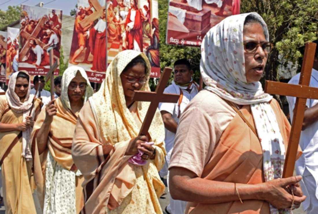 Indian Catholic nuns take part in a Good Friday procession in Amritsar, Punjab, on April 15