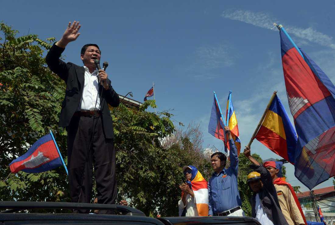Thach Setha, then president of the Khmer Kampuchea Krom Community, addresses protesters in front of the Vietnamese embassy in Phnom Penh on Oct. 4, 2014