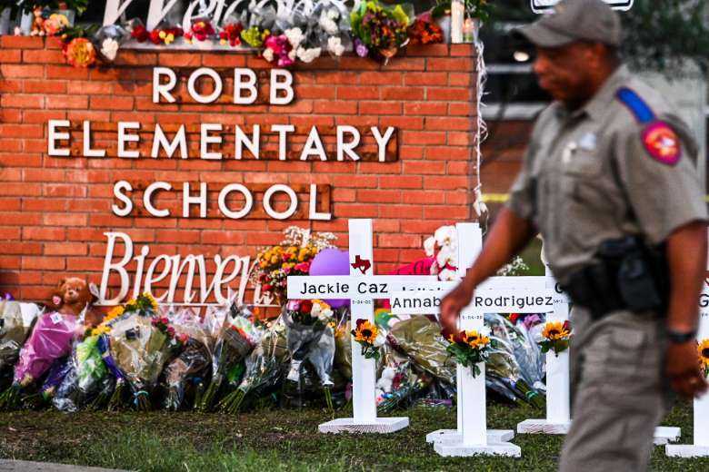 A makeshift memorial for the shooting victims at Robb Elementary School in Uvalde, Texas