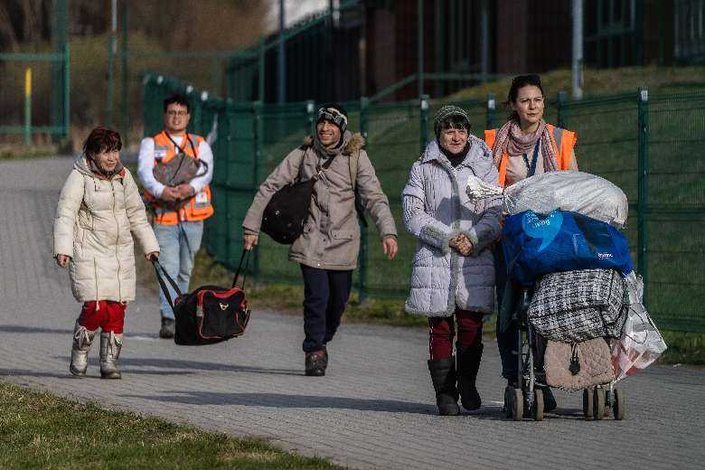 Refugees from Ukraine at the Polish-Ukrainian border crossing in Medyka on April 7