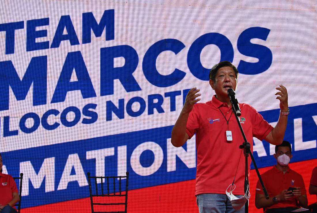 Ferdinand Bongbong Marcos Jr., the son of late dictator Ferdinand Marcos, speaks to supporters during a campaign rally in Laoag City, Ilocos Norte province, on March 25