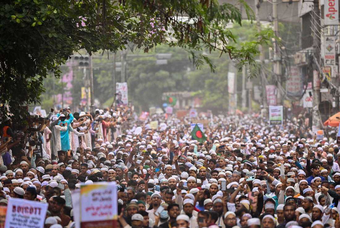 Demonstrators in Bangladesh protest against the incendiary remarks about Prophet Mohammed at an Indian television debate show, in Dhaka on June 10
