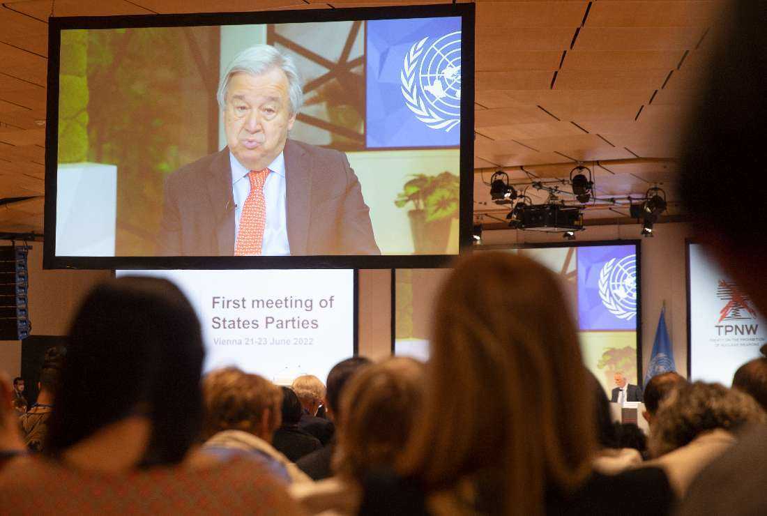 UN secretary-general Antonio Guterres speaks via video during The Treaty on the Prohibition of Nuclear Weapons Meeting of States Parties in Vienna, Austria, on June 21