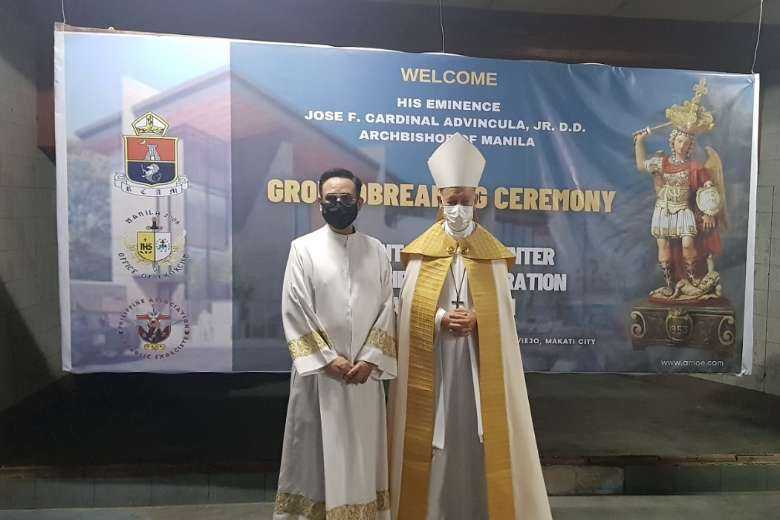 Cardinal Jose Advincula (right) and Father Jose Francisco Syquia, chief exorcist of Manila Archdiocese, at the ground-breaking ceremony for the exorcism center in Manila