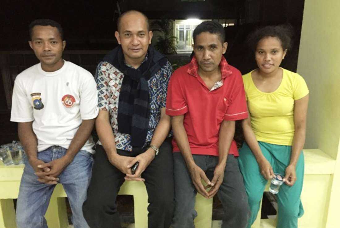 Father Chrisanctus Paschalis Saturnus (second from left) with undocumented migrant workers from East Nusa Tenggara province after they were rescued from a small boat that sank on its way from Malaysia to Indonesia in 2016