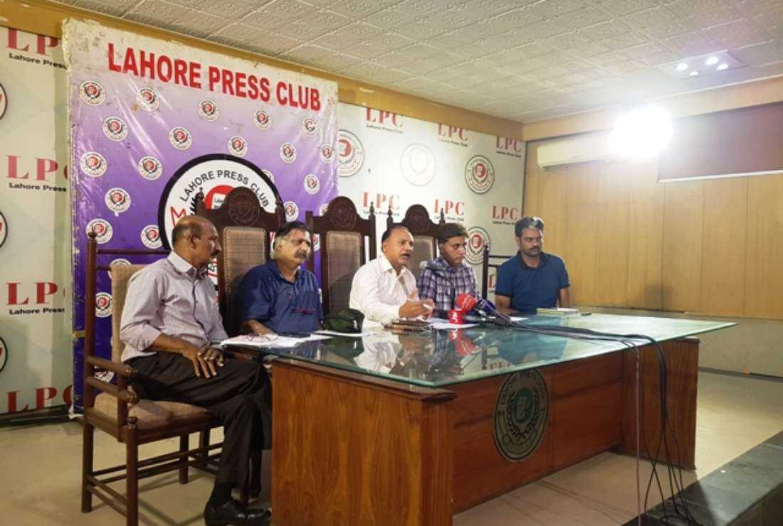 Naeem Yousaf Gill (center), executive director of the Catholic Bishop's National Commission for Justice and Peace, addresses a press conference at Lahore Press Club on July 20