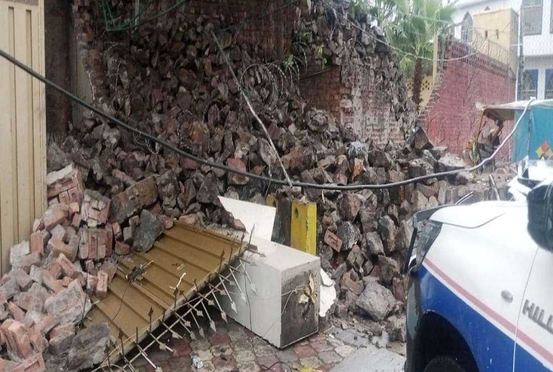 The collapsed boundary wall of St. Joseph's Church in Gujranwala, Punjab province