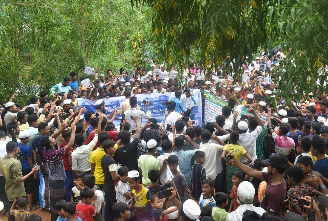 Rohingya refugees stage a rally demanding repatriation at Kutupalong camp in Cox's Bazar, Bangladesh on June 19