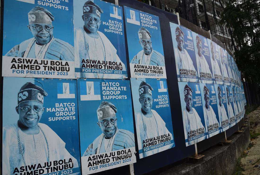 A picture taken on May 23 in Lagos shows campaign posters of presidential aspirant of the ruling All Progressives Congress Ahmed Tinubu displayed ahead of party primaries