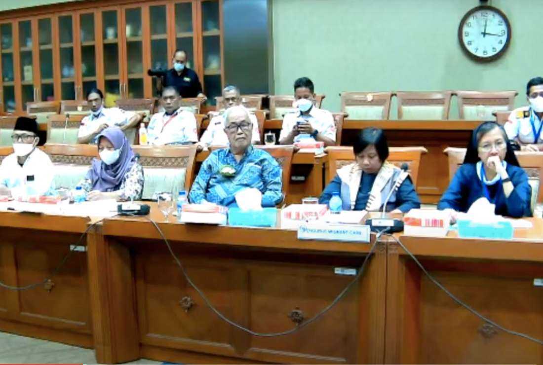 From right: Providence Sister Laurentina, Anis Hidayah, and Jesuit Father Ignatius Ismartono meet with lawmakers on July 5 in Jakarta