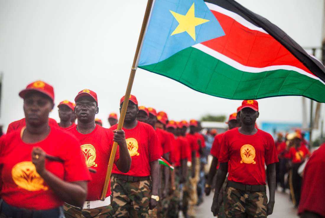 Former child soldiers and members of the Red Army Foundation march on the streets of Juba, South Sudan, to commemorate the country's independence anniversary on July 9, 2017
