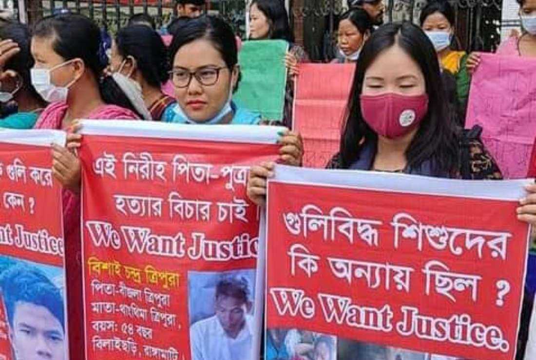 Members of ethnic Tripura community form human chain in Bandarban district of Bangladesh's Chittagong Hill Tracts to demand justice for killings of community members on July 3