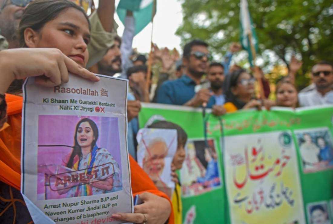 Protestors demand the arrest of Bharatiya Janata Party's former spokeswoman Nupur Sharma over her remarks about Prophet Mohammed, during a demonstration in Karachi on June 12