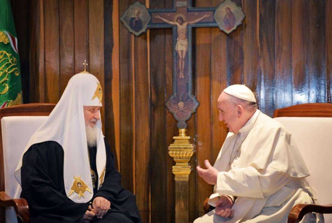 Pope Francis (right) and the head of the Russian Orthodox Church, Patriarch Kirill, speak during a historic meeting in Havana, Cuba on Feb. 12, 2016