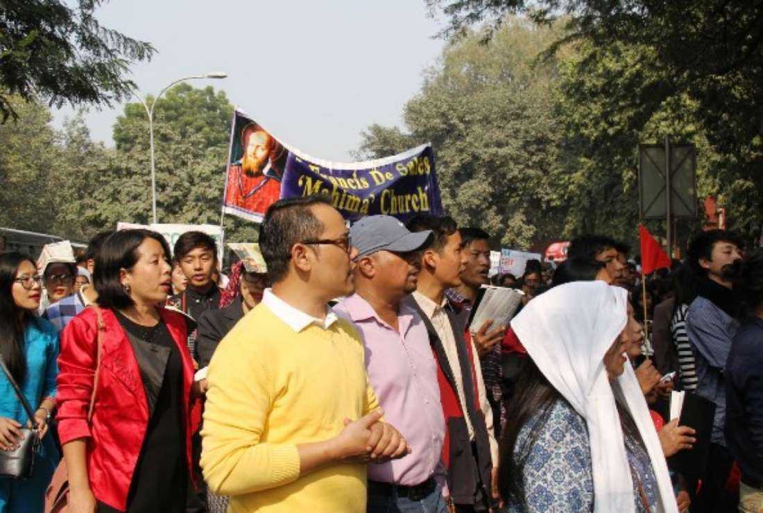 Students from India's northeast region singing hymns at the Christ the King festival procession in New Delhi on Nov. 20, 2016.