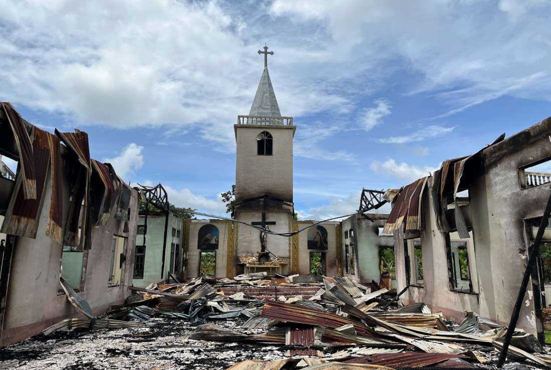 This handout photo from Amnesty International taken between June 27 and July 4, 2022 and released on July 20 shows a Christian church destroyed after being landmined and burned down by the Myanmar military, according to the rights group, in Daw Ngay Ku village in Hparuso township, in eastern Myanmar's Kayah state