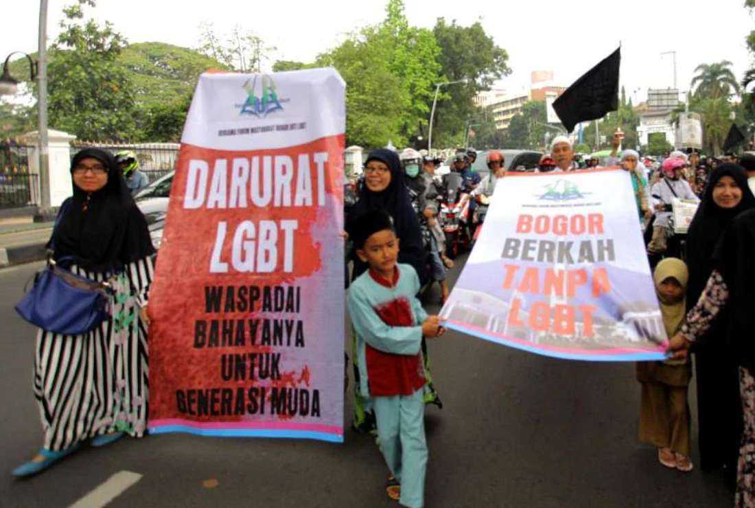 Anti-LGBT demonstrators march in Bogor,  in Indonesia's West Java province on Nov 9, 2018