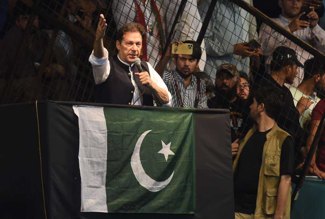 Pakistan's former Prime Minister Imran Khan delivers a speech to his supporters during a rally to celebrate the 75th anniversary of Pakistan's independence day in Lahore on Aug. 13
