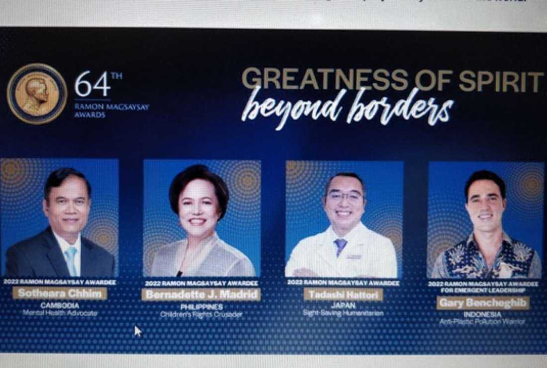 The four winners of this year's Ramon Magsaysay awards are (left to right) Cambodian psychiatrist Sotheara Chim, Filipino child rights activist Bernadette J. Madrid, Japanese ophthalmologist Tadashi Hattori, and Indonesia-based French filmmaker and environmentalist Gary Bencheghib