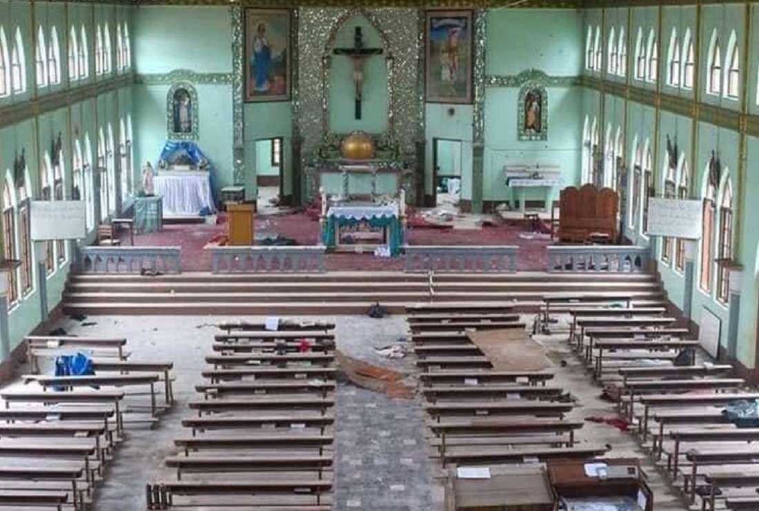 Mother of God Church in Mobye town, southern Shan state was desecrated by junta troops who also laid mines nearby