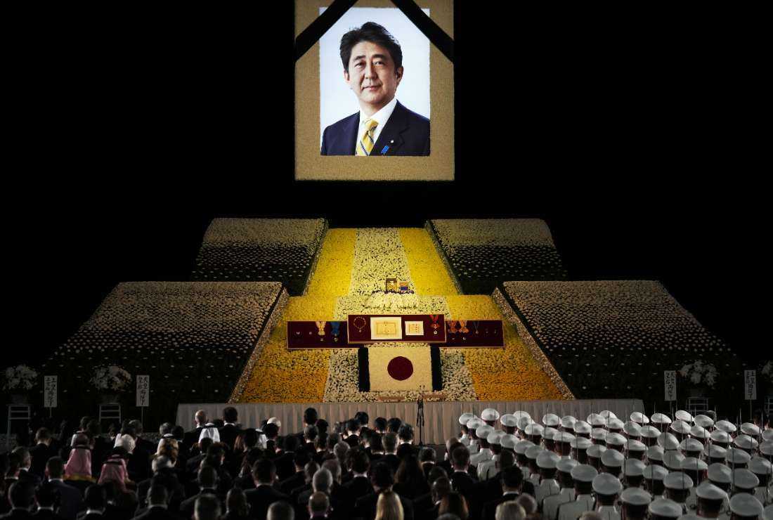 A general view shows the state funeral for Japan's former prime minister Shinzo Abe in the Nippon Budokan in Tokyo on Sept. 27