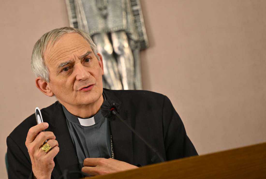 Italian Cardinal Matteo Maria Zuppi, president of the Italian Bishop's Conference,  speaks during a press conference in Rome on May 27