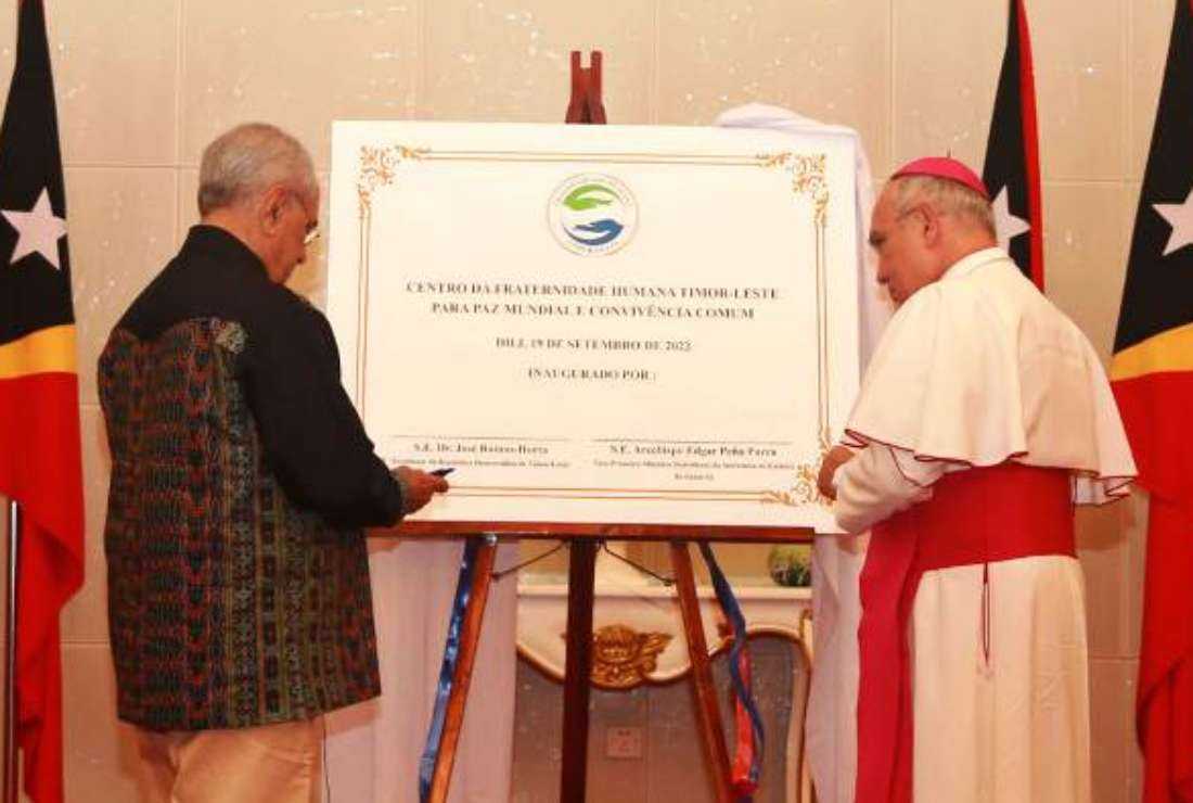 Vatican's Deputy Secretary of State, Archbishop Edgar Pena Parra (right) and Timor-Leste President Jose Ramos-Horta at the inauguration of the human fraternity center in Dili on Sept. 19