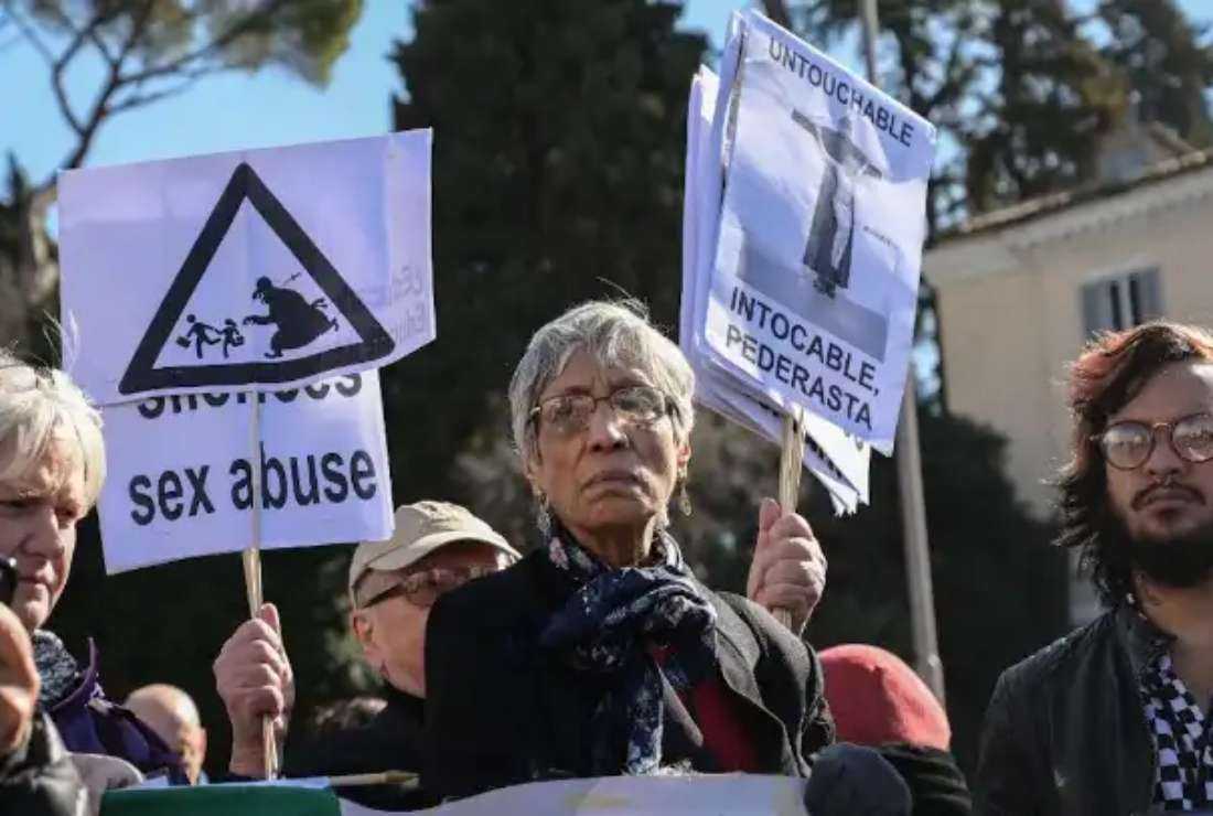 Members of Ending Clergy Abuse (ECA), a global organization of prominent survivors and activists, take part in a protest on the sex abuse crisis within the Church at the Piazza del Popolo in Rome on Feb. 23