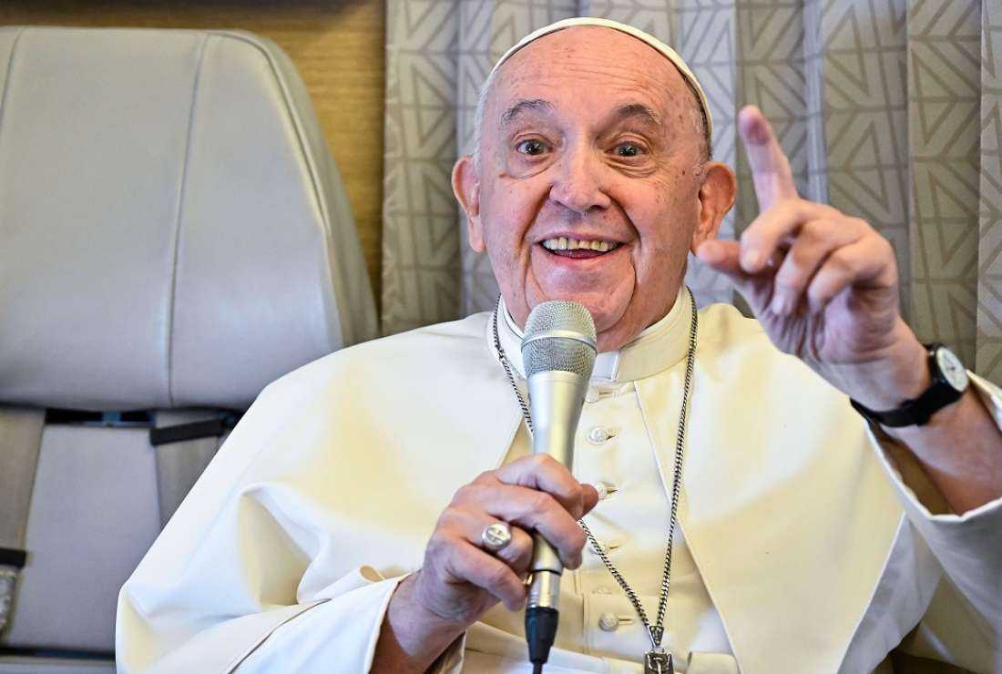 Pope Francis speaks aboard the plane flying from Nur-Sultan to Rome following his three-day visit to Kazakhstan on Sept 15
