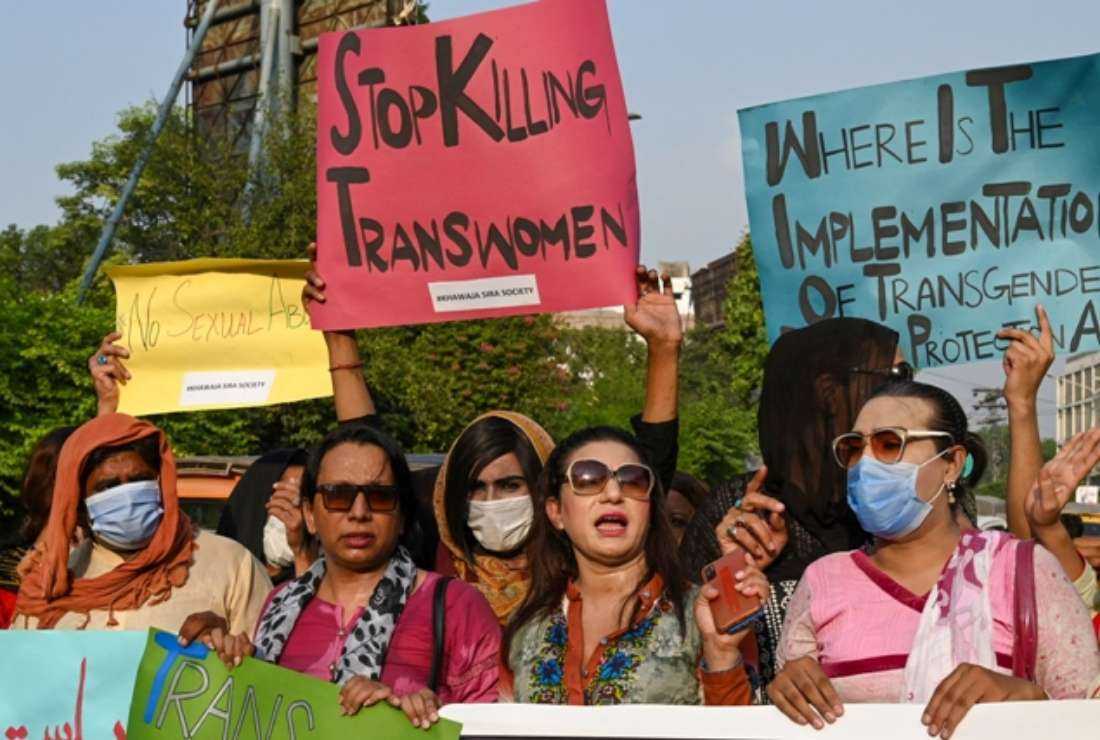 Members of Pakistan’s transgender community shout slogans during a demonstration to protest the killing of a transgender woman in Lahore on Sept. 14, 2020