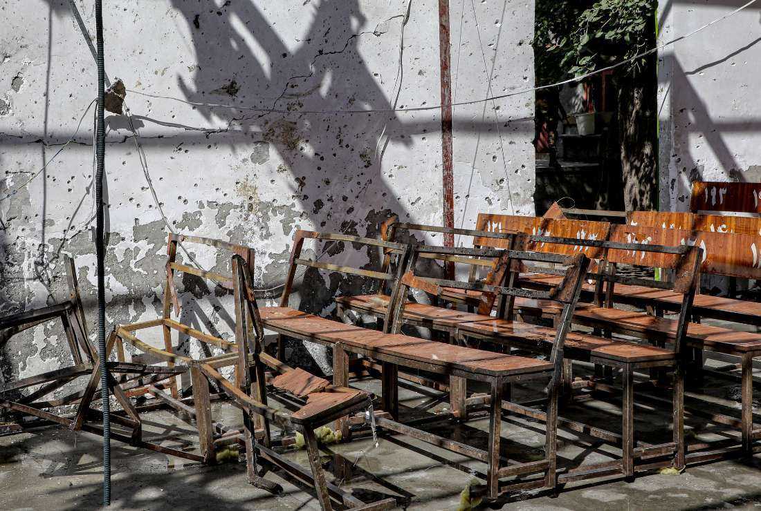 A general view of the damaged hall pictured at the site of a suicide bomb attack in the learning centre in the Dasht-e-Barchi area in Kabul on Sept. 30