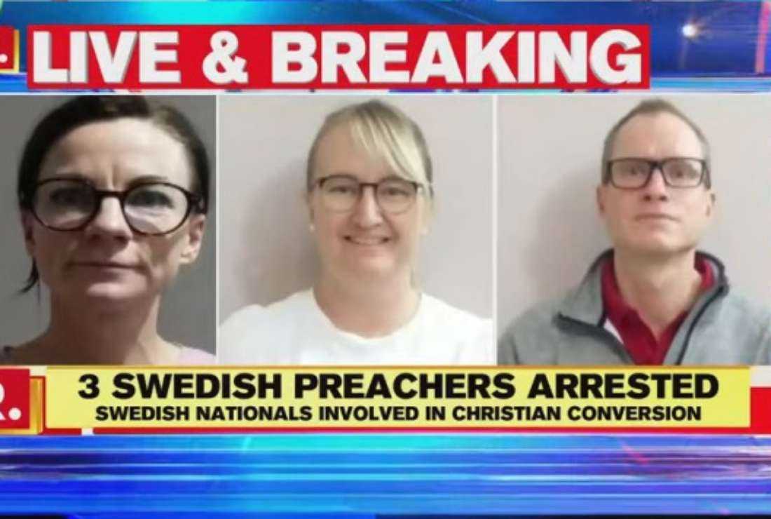 A television screengrab of the Swedish nationals deported by Indian authorities for conducting Christian religious activities while on a tourist visa