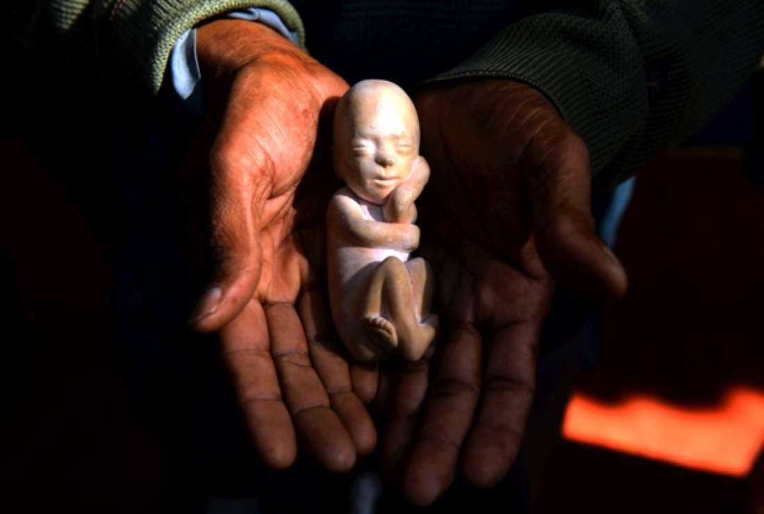 An Indian activist holds a model of a fetus during a protest against illegal abortions in New Delhi on Nov. 26, 2014