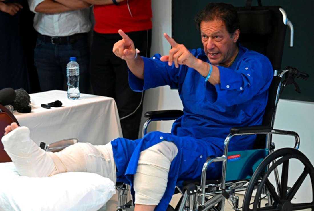 Pakistan's former prime minister Imran Khan addresses media representatives, a day after an assassination attempt on him, at a hospital in Lahore on Nov 4