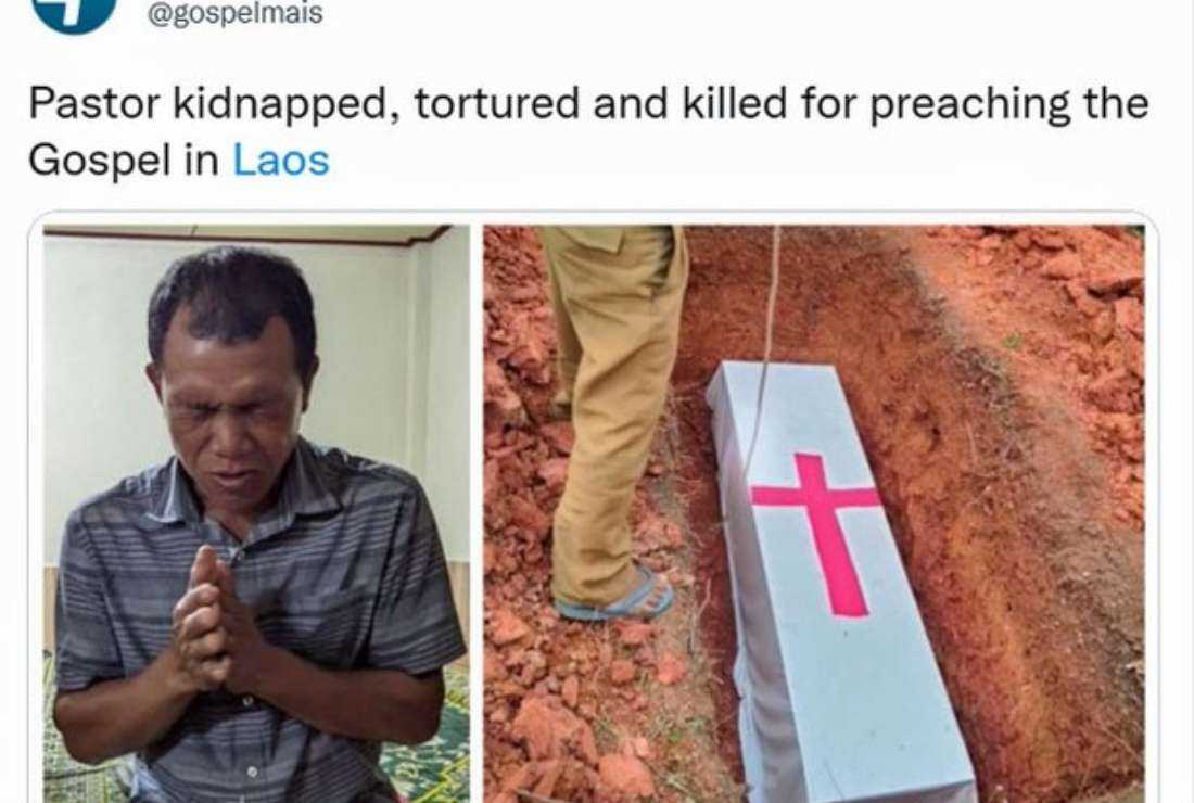 A social media post shows Lao Christian preacher Sy Seng Manee praying (left) and his coffin being lowered into the ground