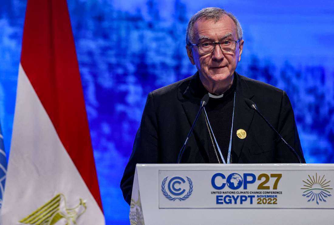 The Holy See's Secretary of State Cardinal Pietro Parolin delivers a speech at the leaders' summit of the COP27 climate conference at the Sharm el-Sheikh International Convention Centre, in Egypt's Red Sea resort city of the same name, on Nov. 8