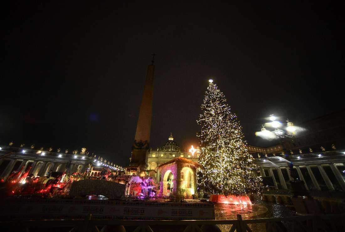A general view shows The Vatican's Christmas Tree and Nativity Scene during their inauguration at St. Peter's Square on Dec. 10, 2021