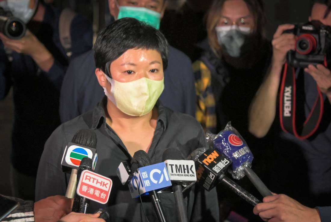 Hong Kong journalist Bao Choy speaks to the press in 2020. Choy was convicted of making a 'false statement' for a documentary on an attack on democracy supporters in Hong Kong in 2019