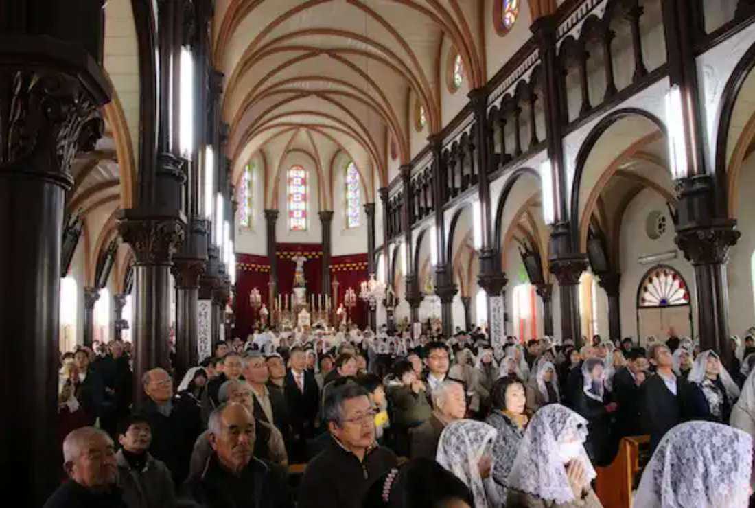 Japan's Imamura Christians celebrate 150 years since another secret Catholic community made contact with them on Feb. 26, 2017 at the Imamura church in Fukuoka Prefecture