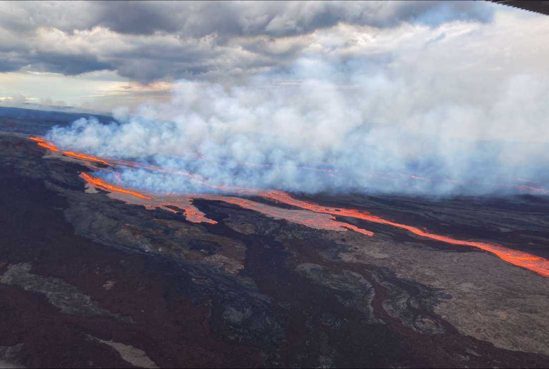 This aerial image released by the US Geological Survey (USGS) from Civil Air Patrol shows the lava on the northeast rift zone of Mauna Loa in Hawaii on Nov. 28