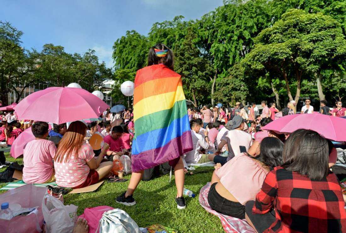 A supporter wrapped in a rainbow flag attends the annual 'Pink Dot' celebration in Singapore
