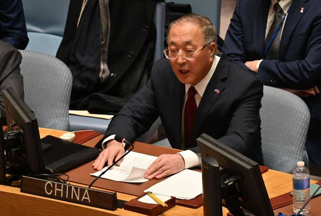 Zhang Jun, China's ambassador to the UN, speaks at a Security Council meeting during a vote on a draft resolution calling for the immediate end to violence in Myanmar and the release of political prisoners, at UN headquarters in New York on Dec. 22