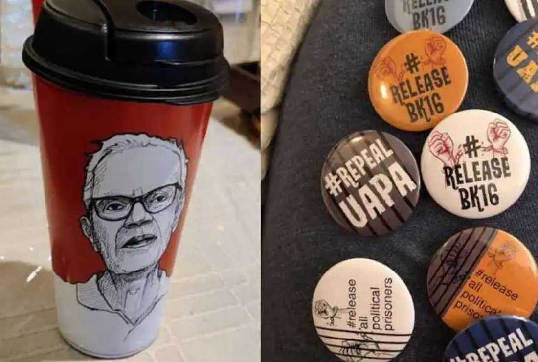 An image of Father Stan Swamy on a cup and badges that rights groups issued as part of their campaign demanding the release of the Jesuit priest before he died in custody and 15 other activists accused of terror links