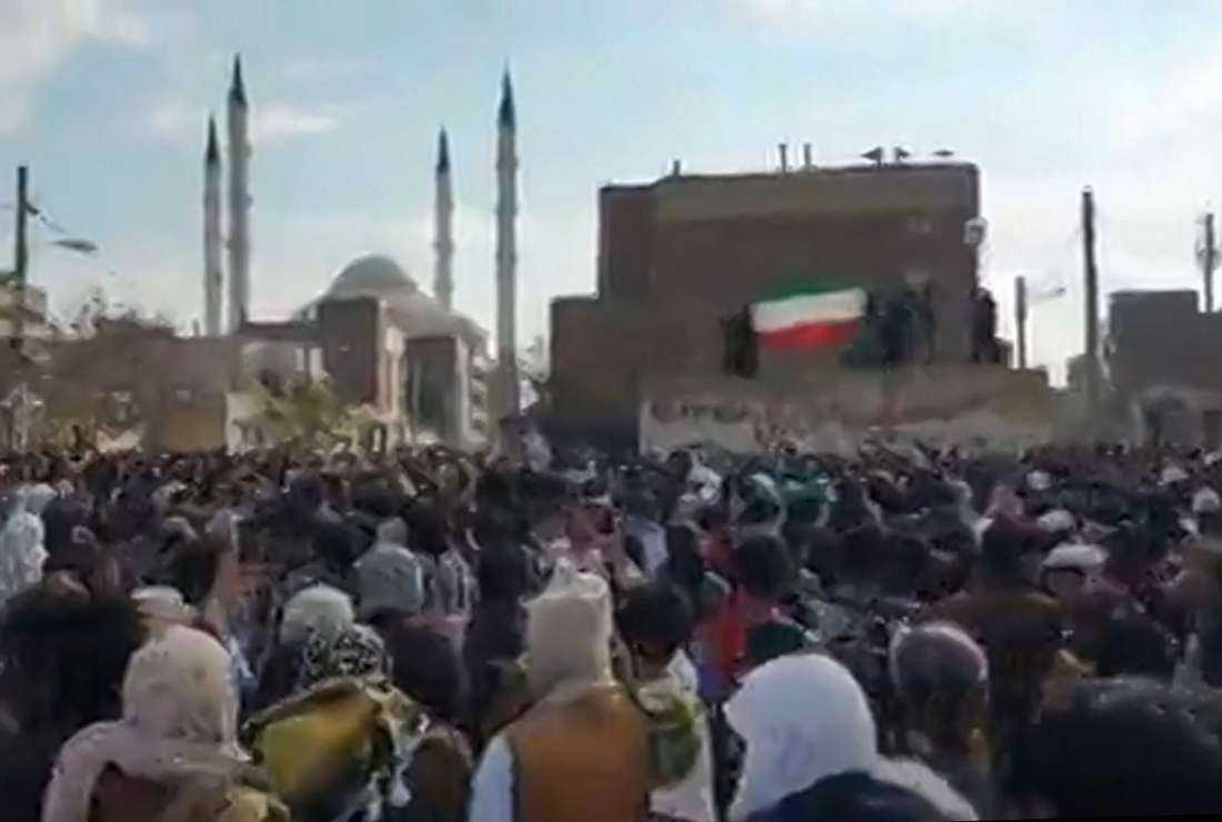 This image grab from a UGC video made available on Dec. 9, 2022, reportedly shows protesters marching after Friday prayers in the city of Zahedan in Iran’s Sistan-Baluchistan province