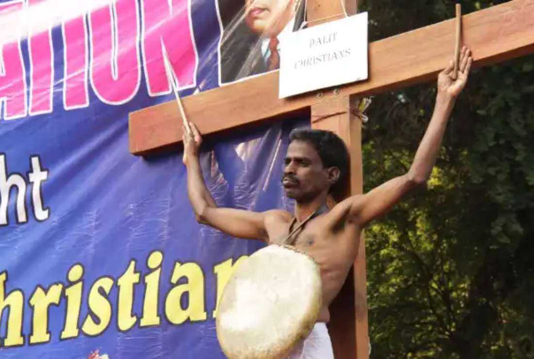 An Indian folk artist from southern Tamil Nadu state performs at a New Delhi demonstration on Dec. 4, 2018, demanding social benefits for Dalit people that are denied to them because of their Christian faith